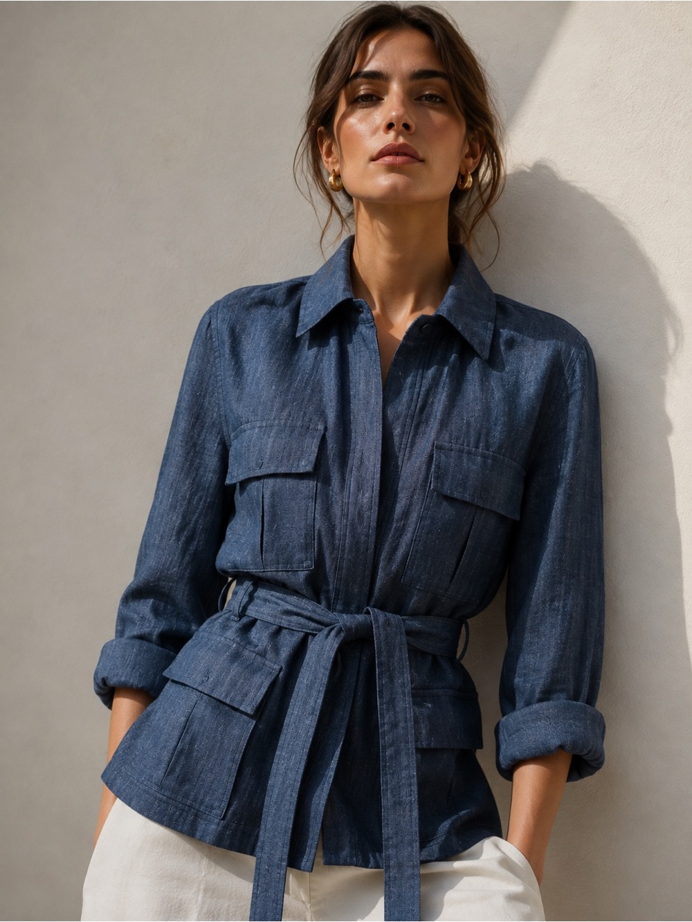 Kenneth Cole New York Denim Linen Utility Belted Jacket w Pockets Size 6